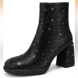Rhinestone Chunky Block Heeled Booties